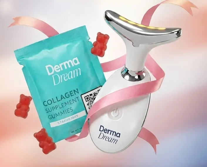 MyoGlow Derma Dream device pictured with a pack of Derma Dream collagen supplement gummies, used by the brand in a past promotion