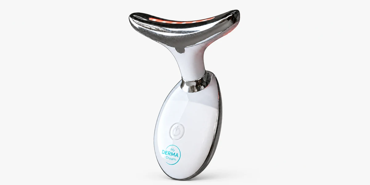 Side view of the MyoGlow Derma Dream showing the red light strip running along the inside curve of the treatment head