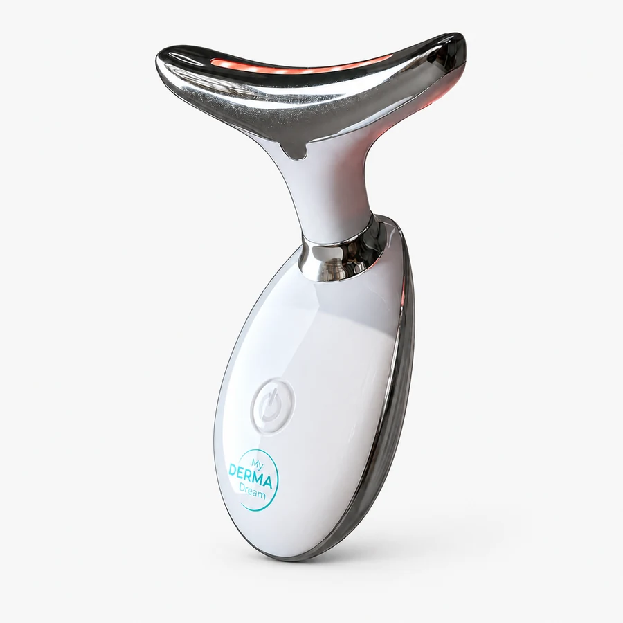 MyoGlow Derma Dream handheld light therapy device, showing the wing-shaped chrome head with its red light strip lit and the power button on the body